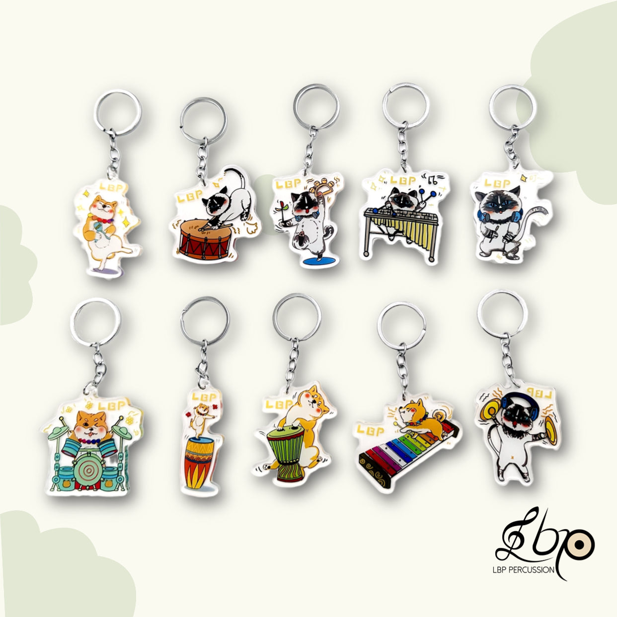 Percussion keychain souvenir - complete set(Marimba/Vibraphone/Xylophone/Snare Drum/Triangle/Tambourine/Conga/Djembe/Drum Set/ Shaker/Cymbals)